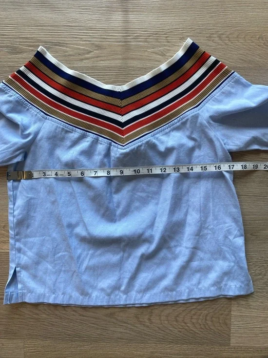 English Factory Blue Off Shoulder Stripe Trim Top Small Preppy Coastal Chic - Picture 6 of 10
